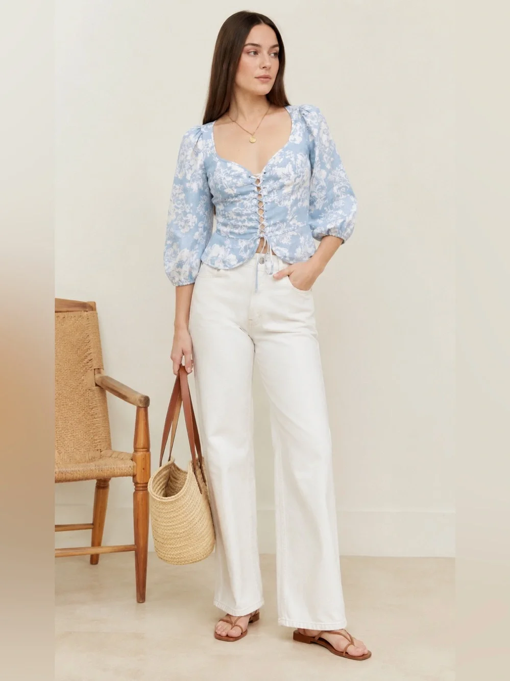New! Reformation Barrett Linen Lace-Up Floral Top in Blue & White 🩵 Size 6